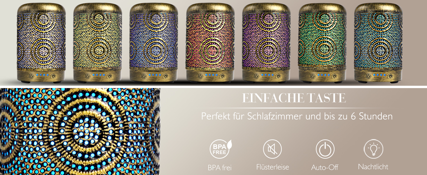 SALKING Аромадифузор, 100 мл, Металевий, для дому та офісу, з підсвіткою, 7 кольорів, для ефірних олій, зволожувач повітря, золотий