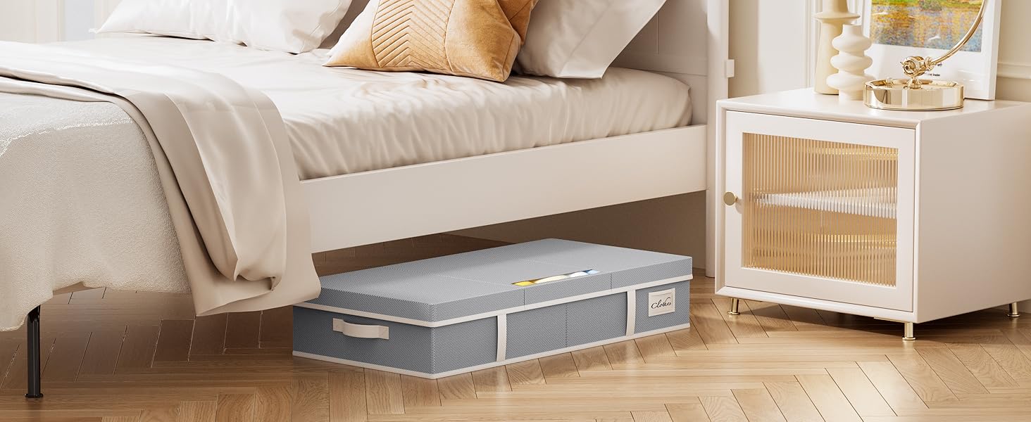 Комод під ліжко LAMU 2 шт., ящик для зберігання під ліжко з кришкою, великий, складний, сумка для зберігання одягу з віконцем та 4 ручками для ковдр, одягу, взуття, сірий, 80x40x15 см, 48 л, сірий