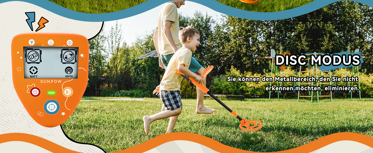 Металодетектор SUNPOW для дітей - LCD-дисплей з мультфільмами, водонепроникна котушка IP68, унісекс дизайн, 3 режими (All Metal/Disc/Pinpoint), регульована ручка 81-102 см для дітей 5-12 років, помаранчевий