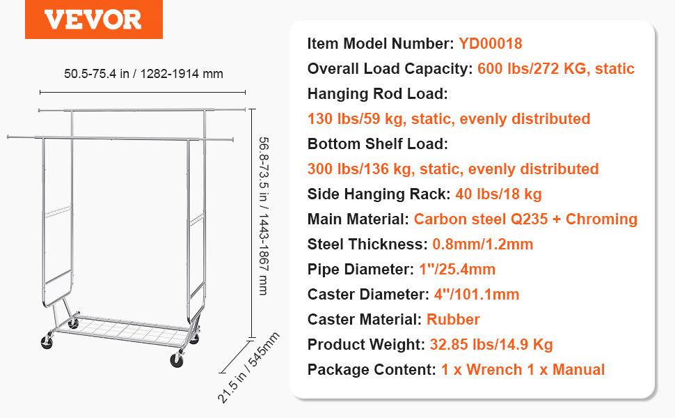 Стійка для одягу VEVOR - міцна чорна конструкція 200 x 1010 x 1510 мм для спальні, гардеробу, передпокою