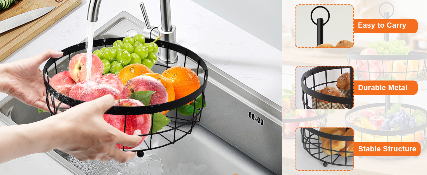 Металева фруктова етажерка Yiomxhi 3 ящики, чорна – для зберігання фруктів, овочів, хліба та закусок