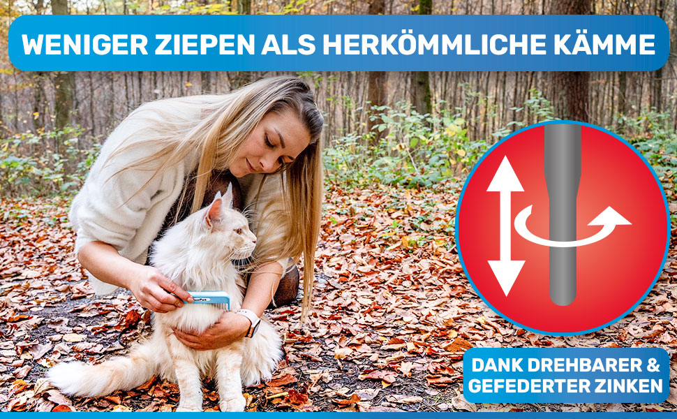 BluePet Зачарований гребінь: видаляє ковтуни та розплутує шерсть для собак та котів з довгим хутром. Патентована конструкція з обертовими зубцями.