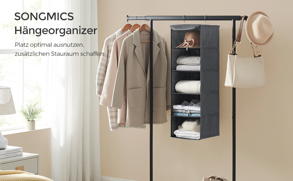 Органайзер для шафи SONGMICS, розкладний, сірий, з металевими гачками та бамбуковими вставками