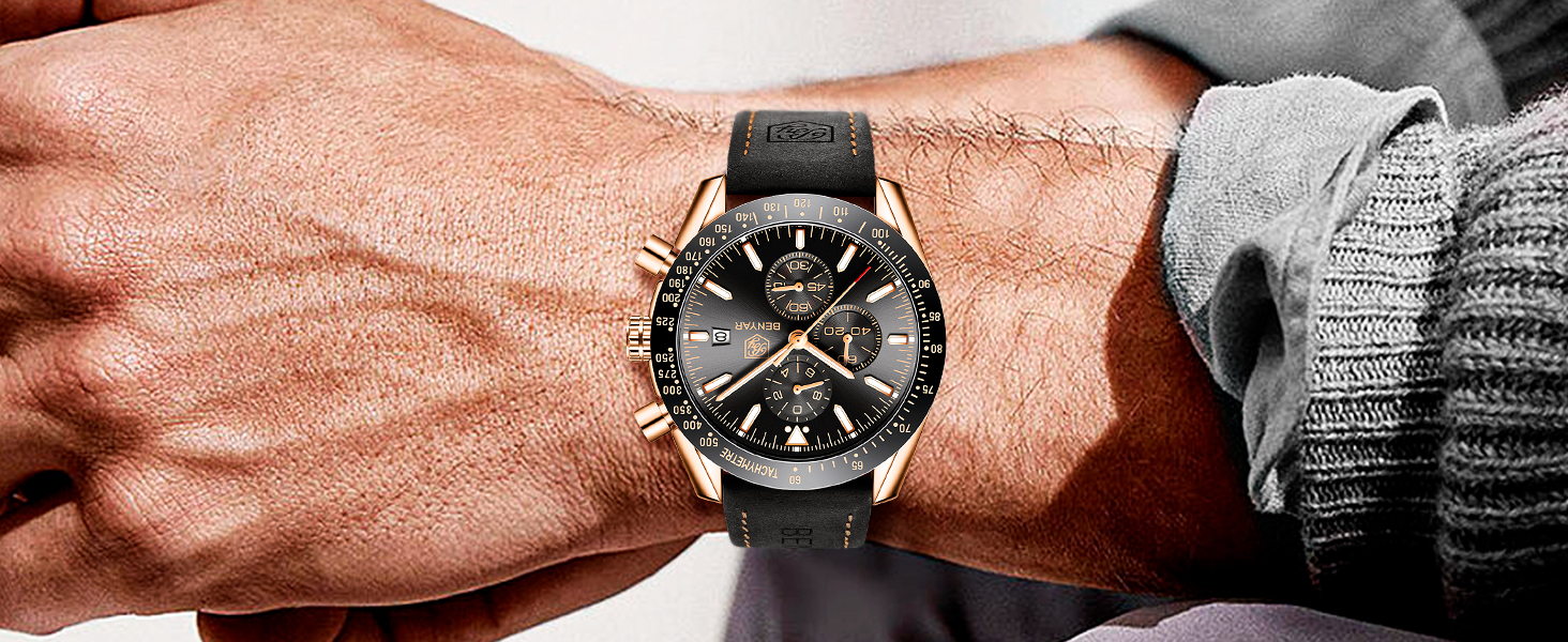 Годинник чоловічий BENYAR Quarz Chronograph з датою, водонепроникний, чорний ремінець/чорне циферблат/сріблясте корпус, для повсякденного та ділового стилю