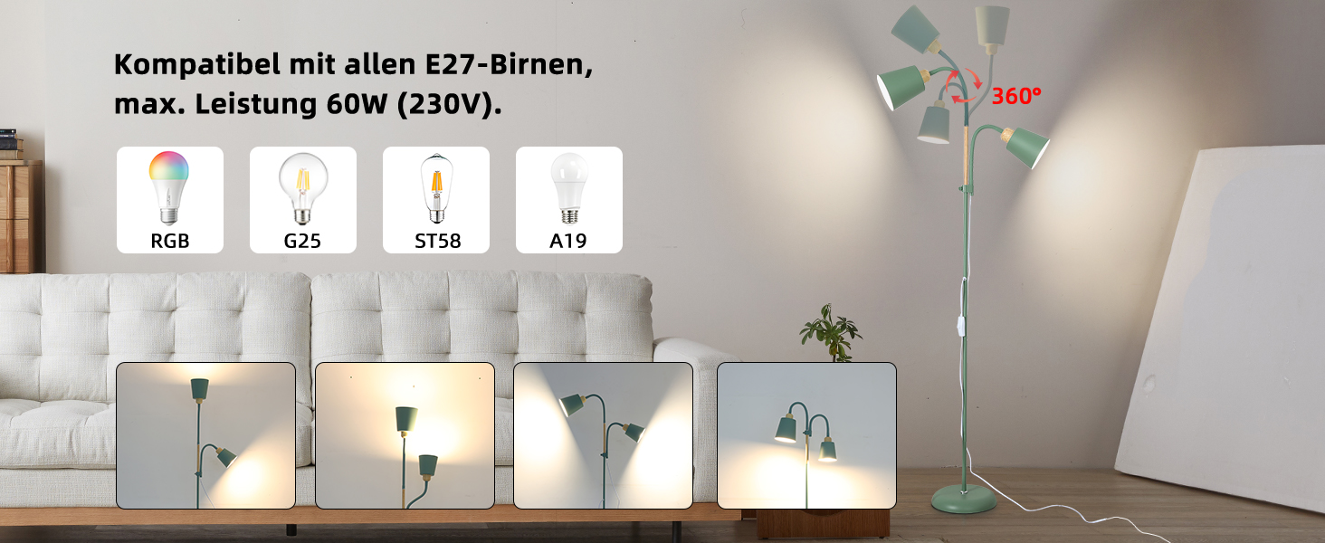 Стійка лампа ANTENLICHT YOYO з двома висувними лампами | 2xE27, 60W | 360° регулювання | Вінтажний дизайн, метал | 159 см, зелений | Без лампочки