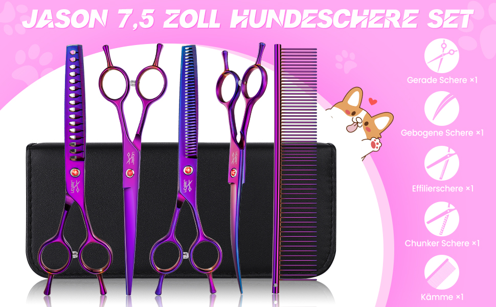 Професійна вигнута ножиця для собак JASON - 7,5' ножиця для грумінгу собак з японської нержавіючої сталі. Ножиці для собак та котів (вигнуті, фіолетові)