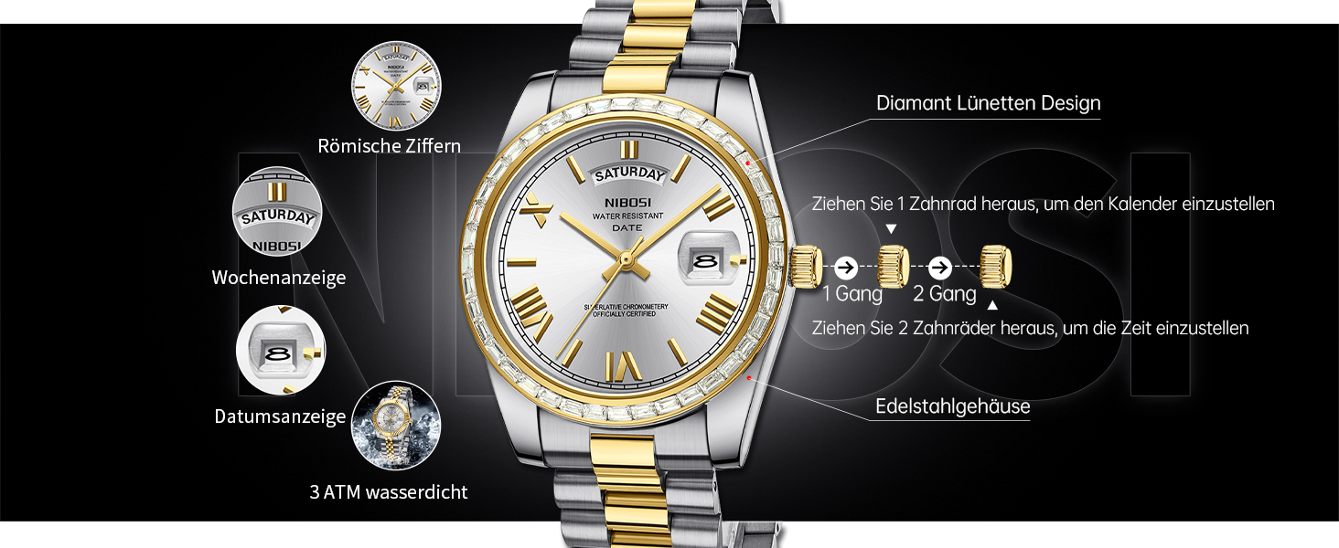 Годинник NIBOSI для чоловіків: аналоговий кварцовий годинник з діамантовою лускою, сталевий циферблат рожевого золота, водостійкий бізнес-класичний годинник з датою та днем тижня, срібно-блакитний колір