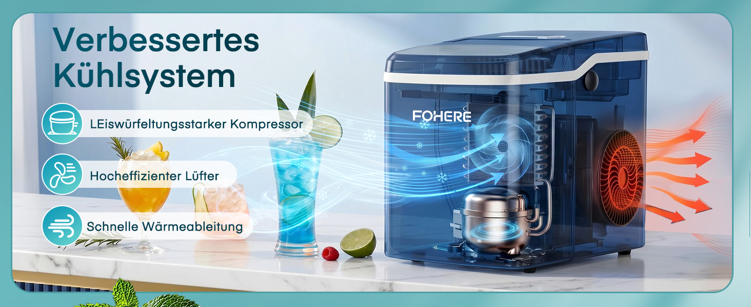 Льодогенератор FOHERE на 14 кг з функцією самоочищення, 2 розміри льоду, для кухні, офісу та бару, чорний