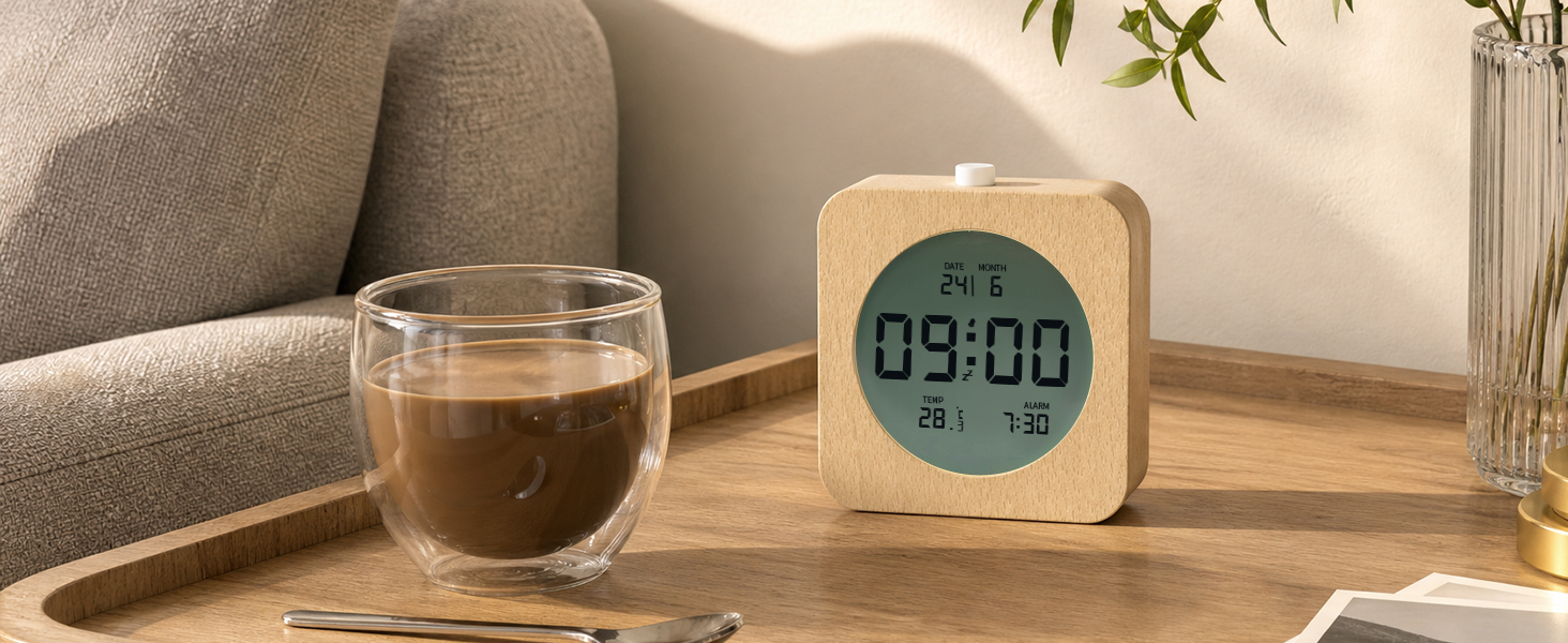 Цифровий настільний будильник aboveClock з дерев'яним корпусом, LCD-дисплей з температурою та датою, функція Snooze та підсвічуванням, квадратний
