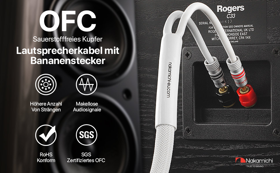 Акустичний кабель Nakamichi 12AWG з позолоченими банановими роз'ємами 24K, 1.8м, безкиснева мідь (OFC), в обплетенні, білий