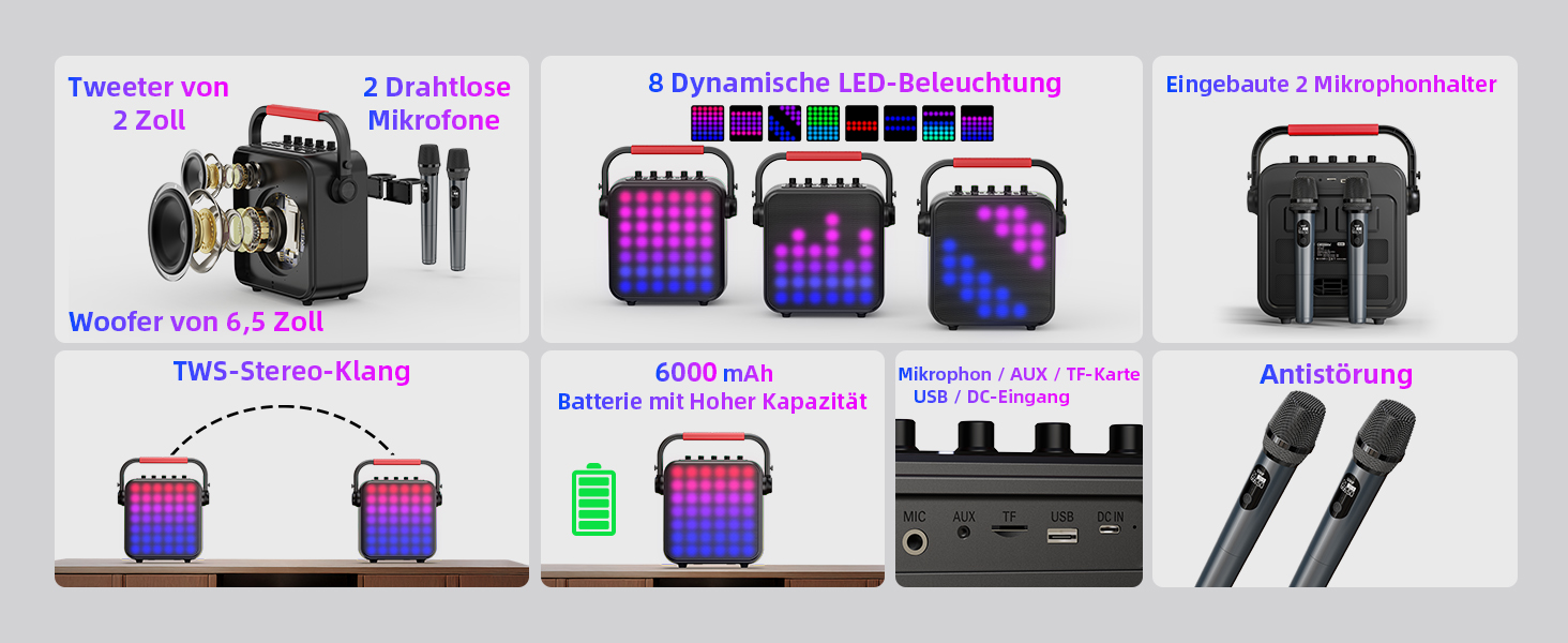 Караоке Машина з 2 мікрофонами, Bluetooth, PA Система з FM, USB, TF, AUX, Ехо, Регулювання Bass/Treble, Чорний