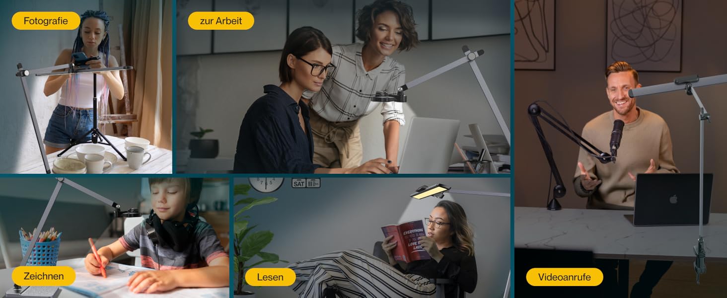 OTUS LED лампа настільна з кріпленням, годинник, таймер, 3 колірні температури, регулювання яскравості, лампа для дому/офісу, захист очей, поворотний кронштейн, офісна лампа