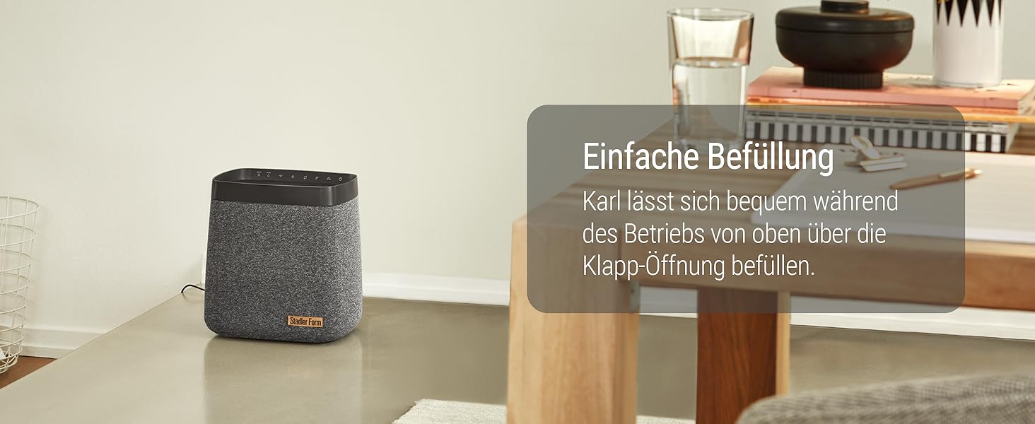 Зволожувач повітря Stadler Form Karl, тихий та потужний випарник для приміщень до 100 м², 4 режими зволоження, керування через додаток, чорний