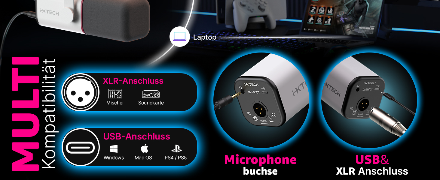 IXTECH Мікрофон з нирковою характеристикою RGB, USB/XLR, для студії, подкастів, стрімінгу, геймінгу та запису голосу, білий