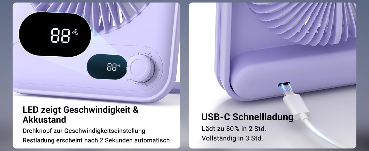 USB вентилятор WHATOOK: безшумний, з регулюванням швидкості 1-100, акумуляторний, LED-індикатор, портативний міні-вентилятор для офісу, дому, кемпінгу, подорожей (2000mAh, чорний & фіолетовий)