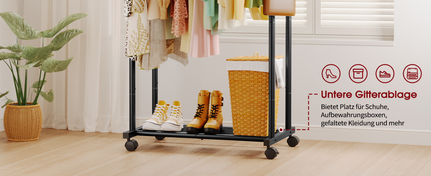 Підвісна штанга для одягу на колесах з сітчастою полицею та гачками, 73 x 42 x 150 см, чорний колір