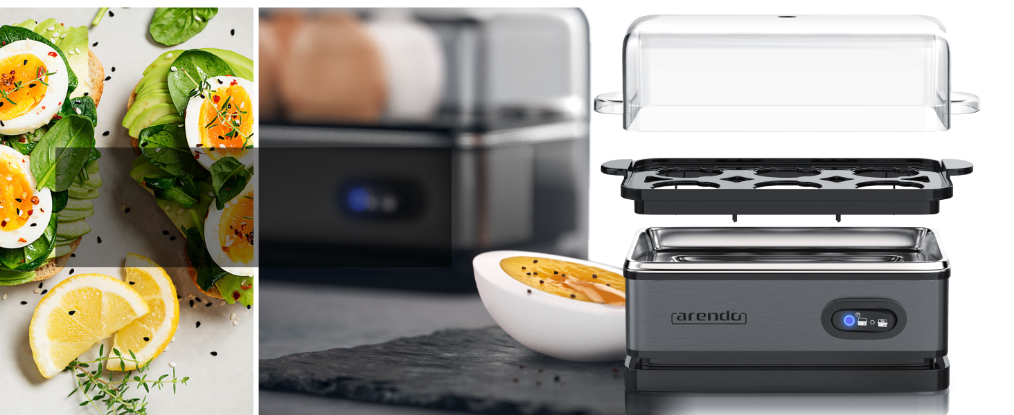 Набір Arendo: чайник, тостер та яйцеварка, нержавіюча сталь, сірий, 1.5л, 40-100°C, 4 тости, LED-дисплей, 6 рівнів підсмажування, для 1-6 яєць