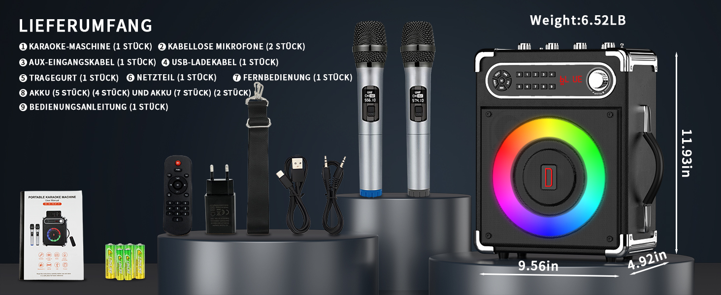 Караоке-машина з 2 мікрофонами, портативна Bluetooth колонка з LED-підсвічуванням, система PA для вечірок, підтримка USB/TF-карт/AUX/FM