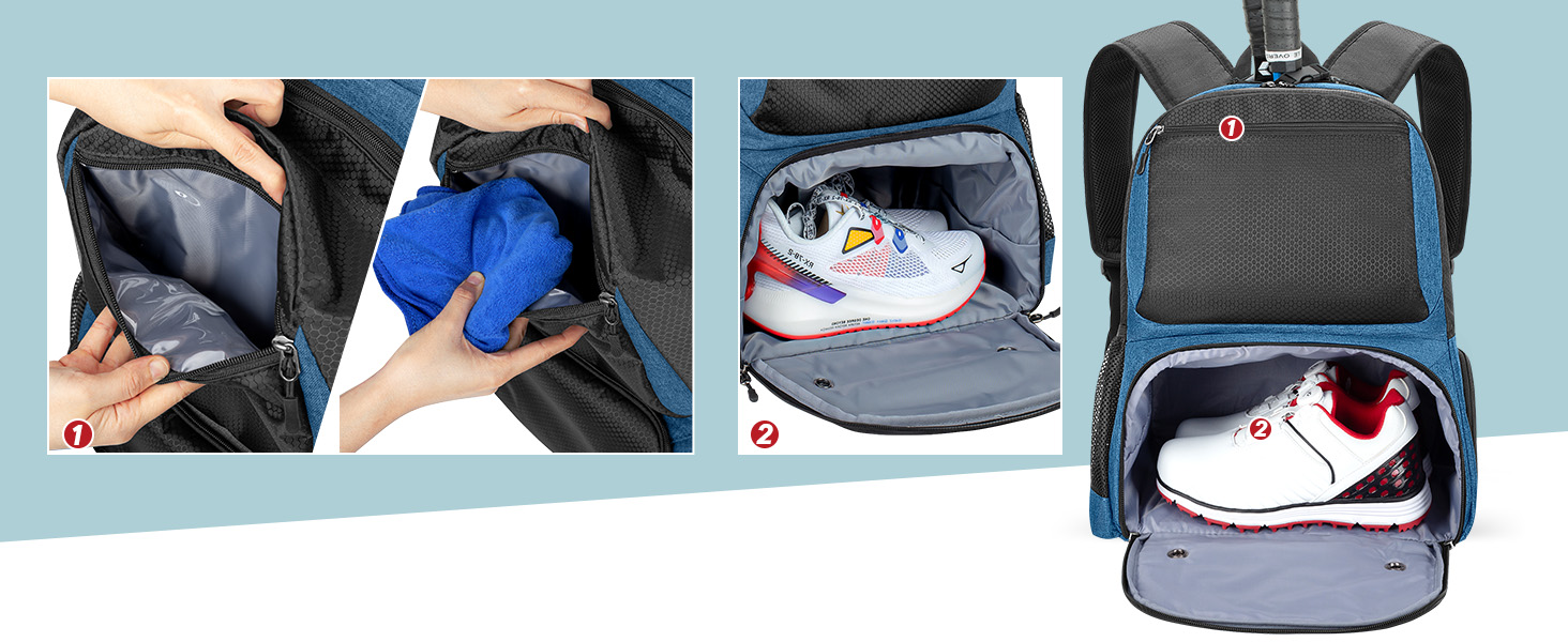 Рюкзак для тенісу DSLEAF з відділенням для взуття, сумка для 2 ракет, з м'якими лямками, вентильоване відділення для взуття, для жінок та чоловіків (блакитний)