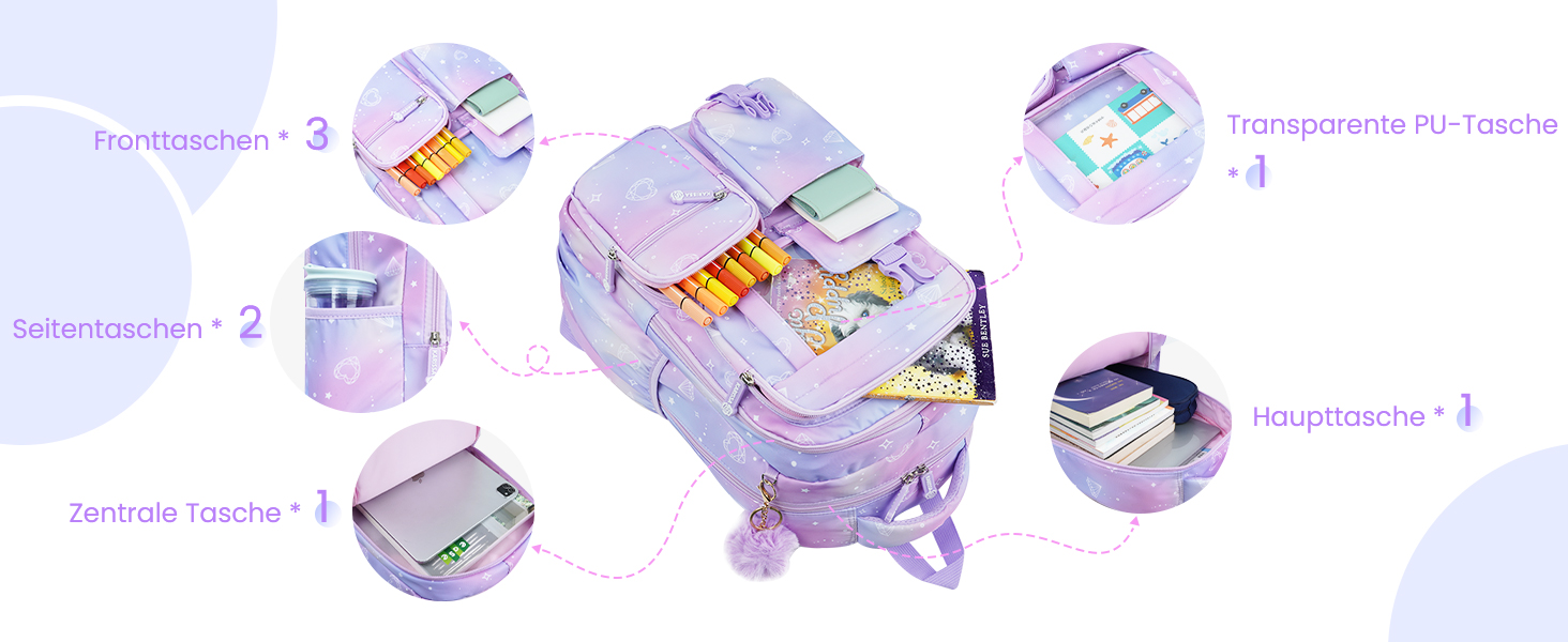 Рюкзак для дівчинки Tanou, 1-4 клас, дитячий шкільний рюкзак, водонепроникний, фіолетовий