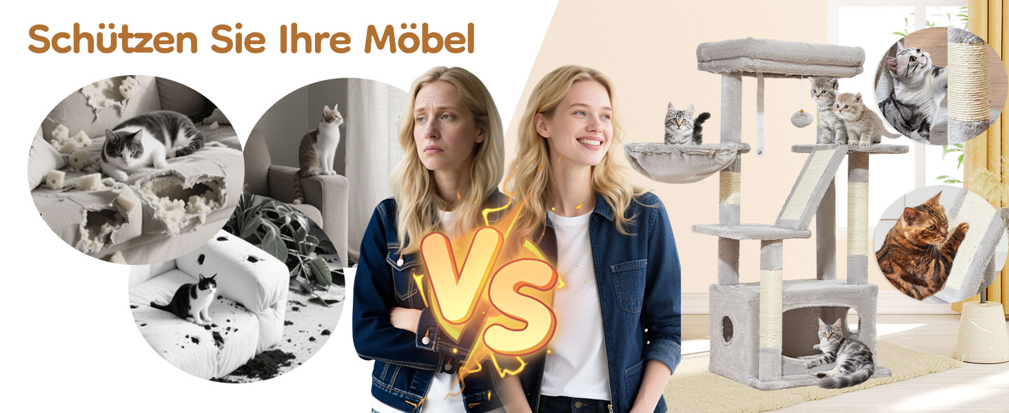 Котячий будиночок Taoqimiao з когтеточкою, 98 см, сірий. Когтеточка для котів, кігтеточка-дерево з будиночком, кошиком, 4 когтеточками та іграшками. MS029SW