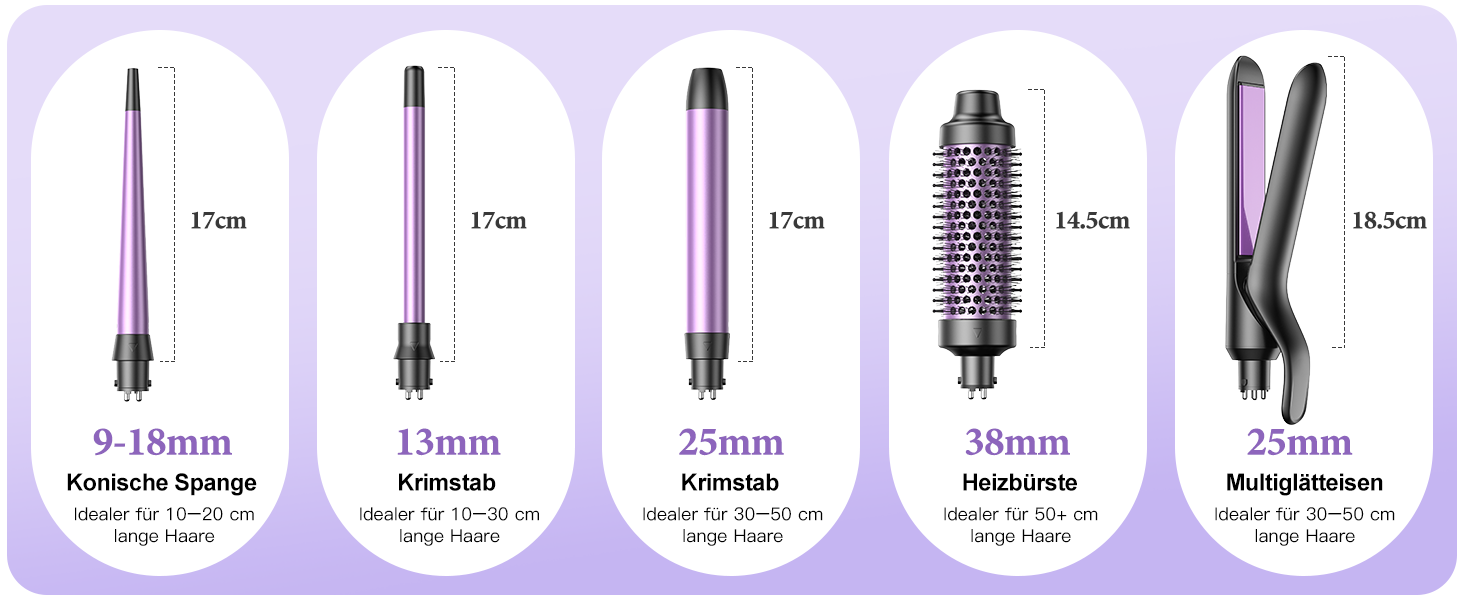 BESTOPE PRO Локкенстаб: Набір для створення локонів 5 в 1 з плойкою, термощіткою, 3 локкенстабами (9мм-25мм) для великих локонів, 13 температур, керлер для волосся з термозахисним покриттям, рукавичка, затискач, колір Nordlicht Lila
