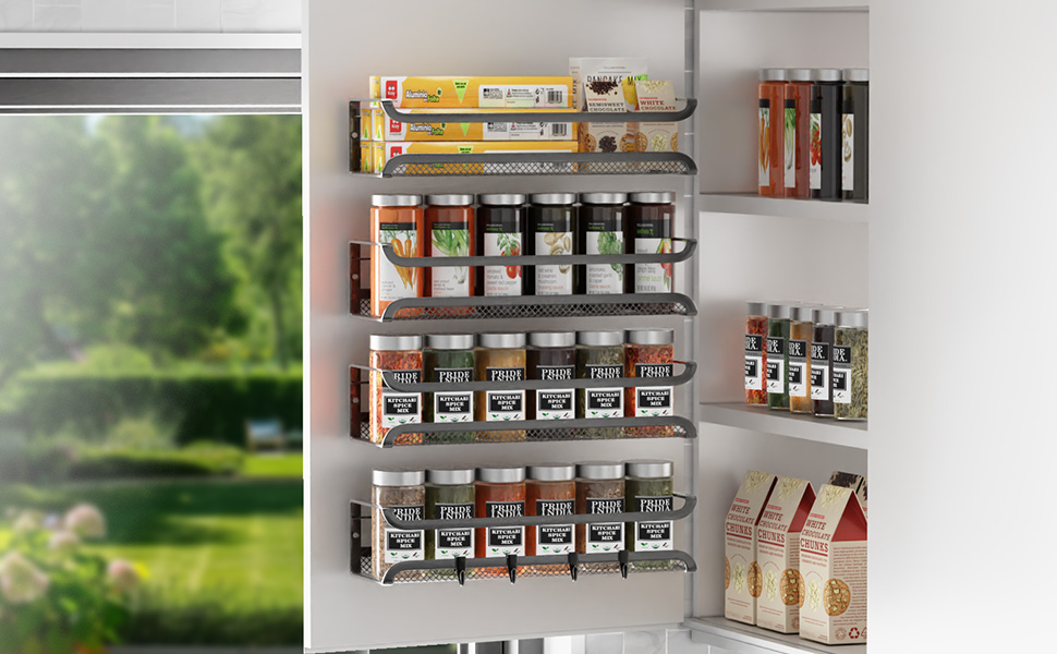 Настінна полиця для спецій, 4 шт. Організатор для спецій з рухомими гачками, полиця для спецій на кріпленнях (клей/шурупи), металева, для кухні та шафи