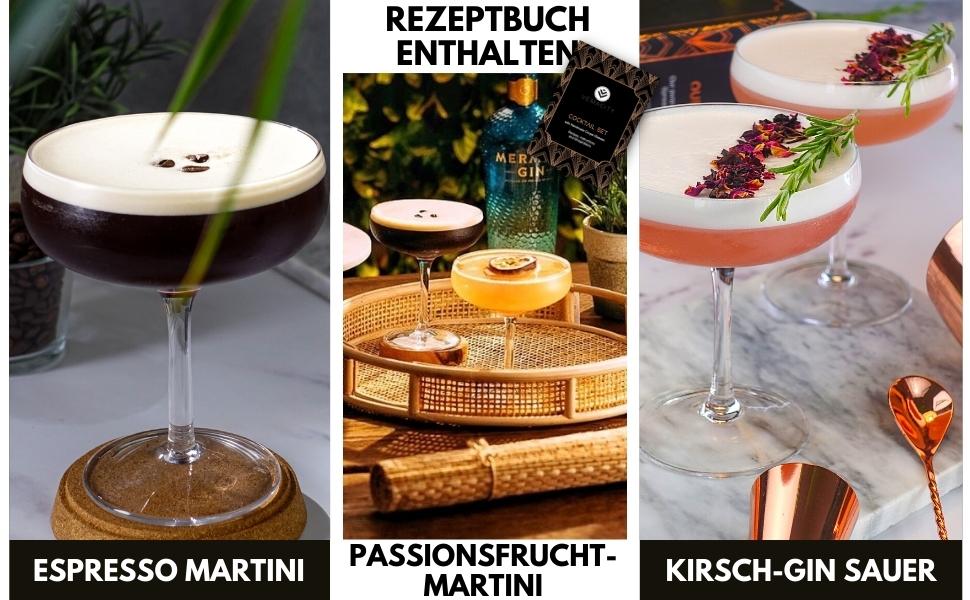 Набір для коктейлів з шейкером та 2 бокали Мартіні, рожеве золото, аксесуари для бармена, подарункова коробка з рецептами