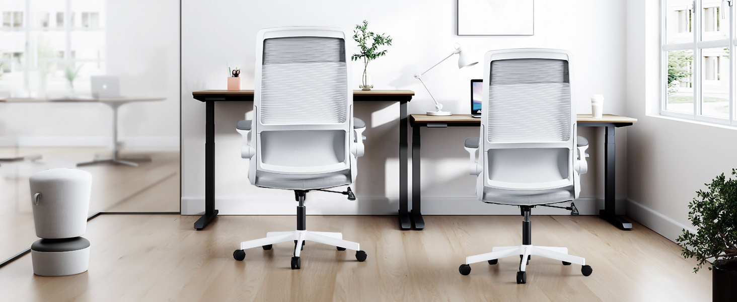 Ергономічне крісло для офісу з регульованою підголовником, сітчасте крісло для столу, відкидні підлокітники, широке сидіння, функція гойдання, комп'ютерне крісло EN 1335, офісне крісло 200 KG, сіре