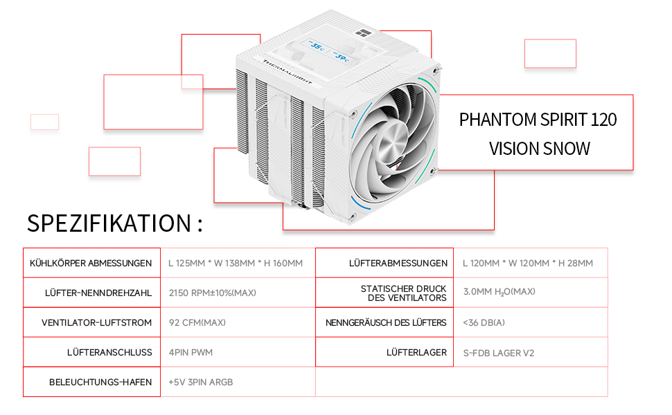 Thermalright Phantom Spirit 120 Vision - Кулер для CPU з 7 heatpipes та IPS-дисплеєм, для AM5/AM4, Intel lga1851/1700/1150/1151/1200