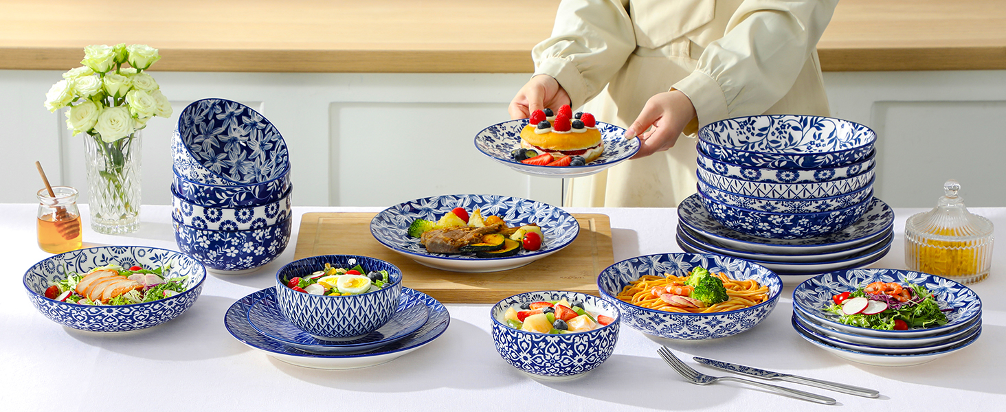 Набір посуду на 6 осіб Vancasso Selene 24 частини: тарілки, супові тарілки, салатники, миски. Керамічний сервіз з порцеляни, блакитно-білий.