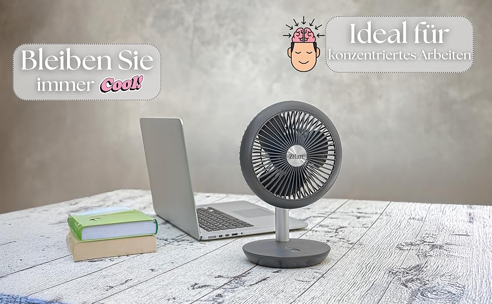 Безшумний настільний вентилятор Zilan | Акумулятор 4000 mAh | Регульований кут 90° | 4 швидкості | 15 годин роботи без дроту | Allegra Anthrazit
