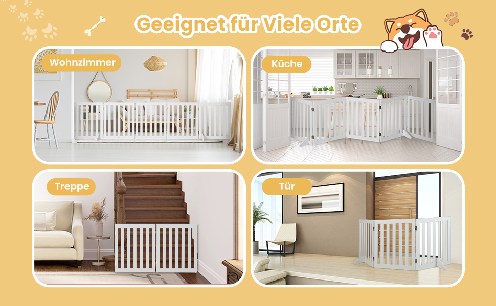 Захисний бар'єр для собак COSTWAY 60см, дерев'яний, дитячий, розкладний, для сходи, білий (5 панелей)