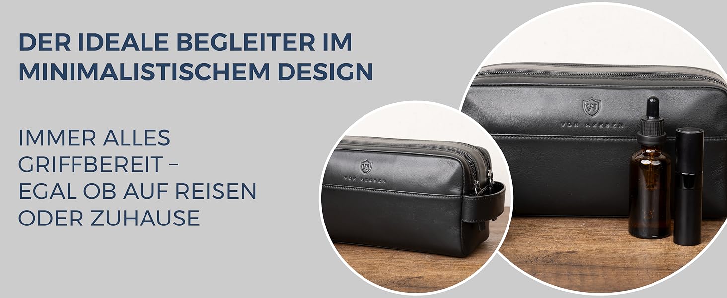 Чоловіча та жіноча косметичка VON HEESEN з натуральної шкіри - дорожня сумка, несесер для подорожей, чорна, велика (2 відділення)
