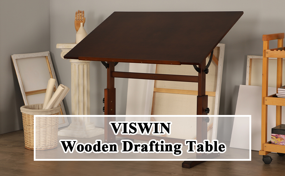 VISWIN Adjustable Art Drawing Table - Large Wooden Easel for Artists - Height & Tilt Adjustable, Solid Pine Wood, Studio Painting Table, Walnut Finish