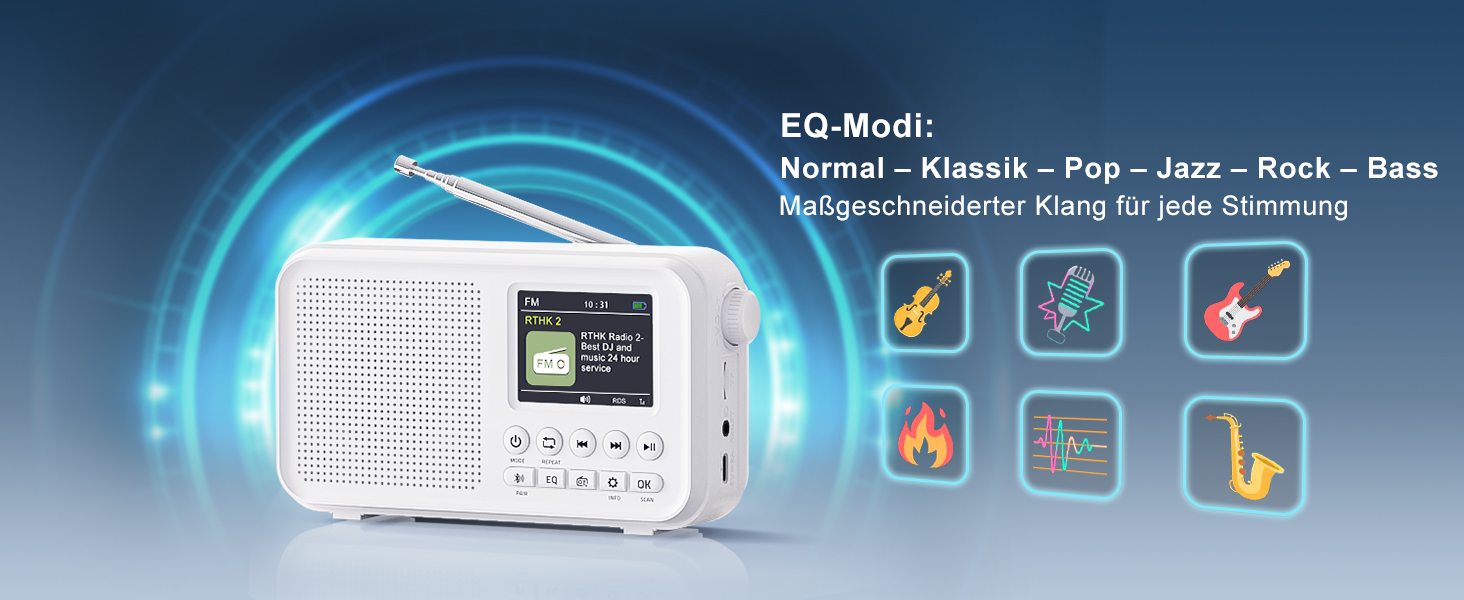 Портативне DAB/DAB+ радіо з Bluetooth 5.0, FM, акумулятором 3000mAh, будильник, еквалайзер, підтримка TF-карт, 2.4