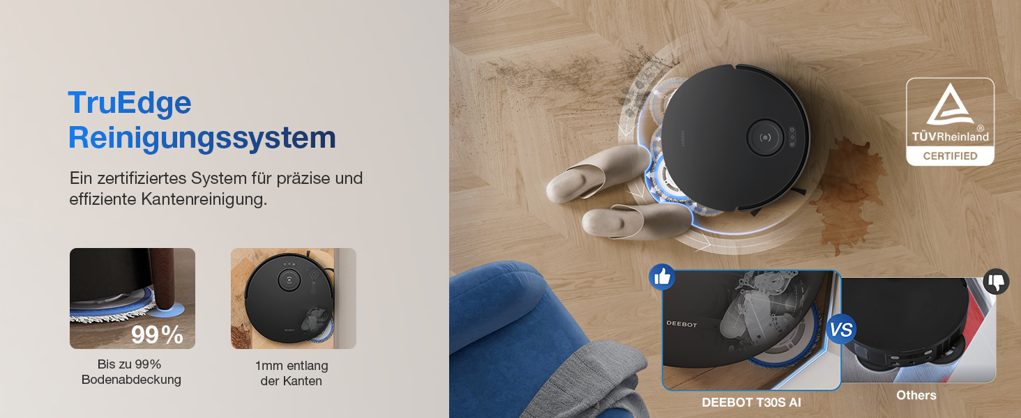 Робот-пилосос ECOVACS DEEBOT T30S PRO OMNI з функцією миття, 11000 Па, технологія ZeroTangle, миття гарячою водою 70°C, TruEdge™ для прибирання кутів, акумулятор 6400 мАг, уникнення перешкод за допомогою AI