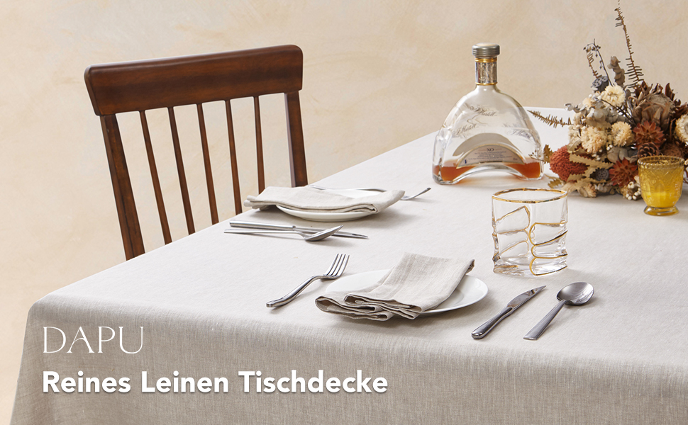 DAPU Linen Tablecloth, 100% French Natural Linen Rectangular Tablecloth 140×220cm (Natural Linen, 140 x 220 cm)