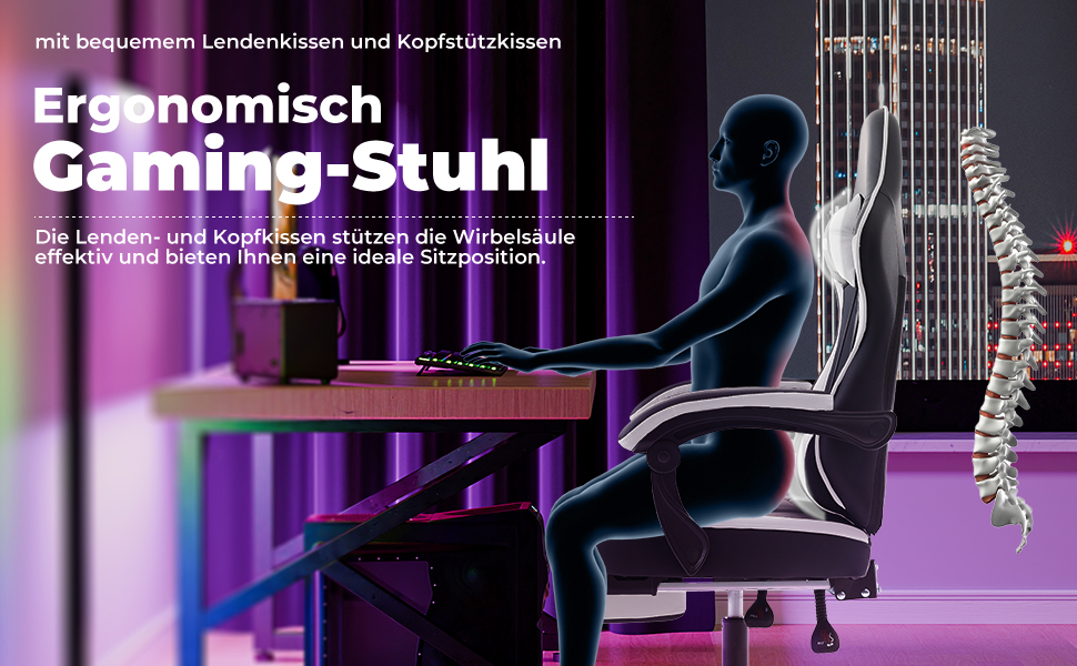 Геймерське крісло Ergonoma з підставкою для ніг, чорно-біле - Офісне крісло з підтримкою попереку