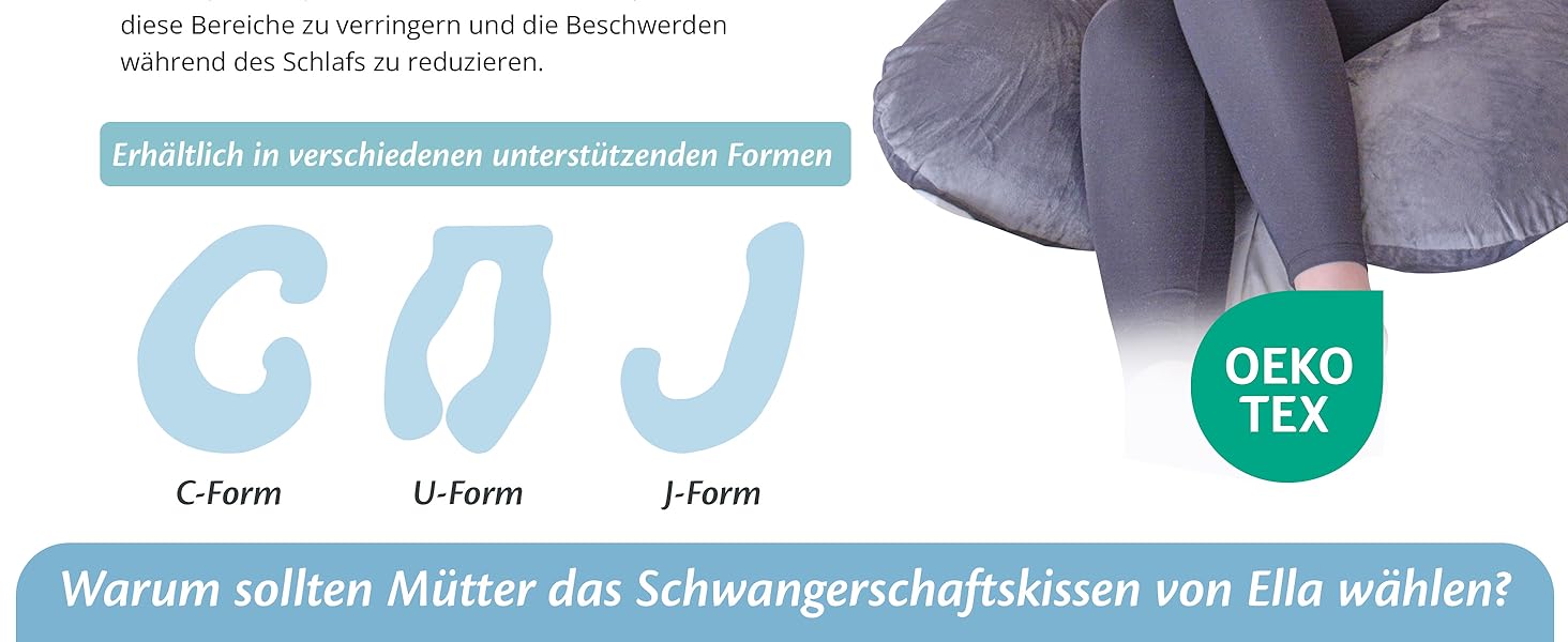 Вагітне подушка Ella, U-подібна подушка для сну на боці, U-подушка, подушка для годування з бавовняним чохлом, подушка для тіла та підтримки для жінок, для сну на боці - 140 x 80 см, сіра U, бавовна