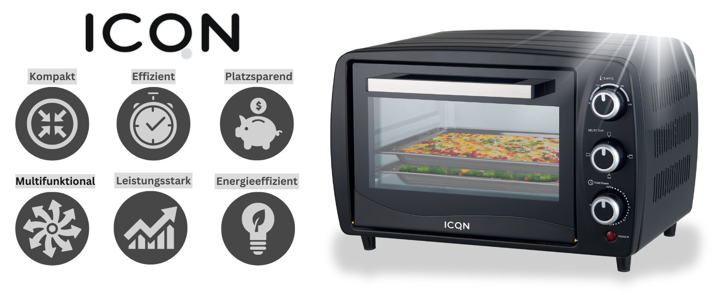 Міні-піч ICQN 50L з конвекцією, 1800 Вт, підсвічуванням, 5 функцій, таймер 60 хв, комплект деко, міні-печі (15 л)