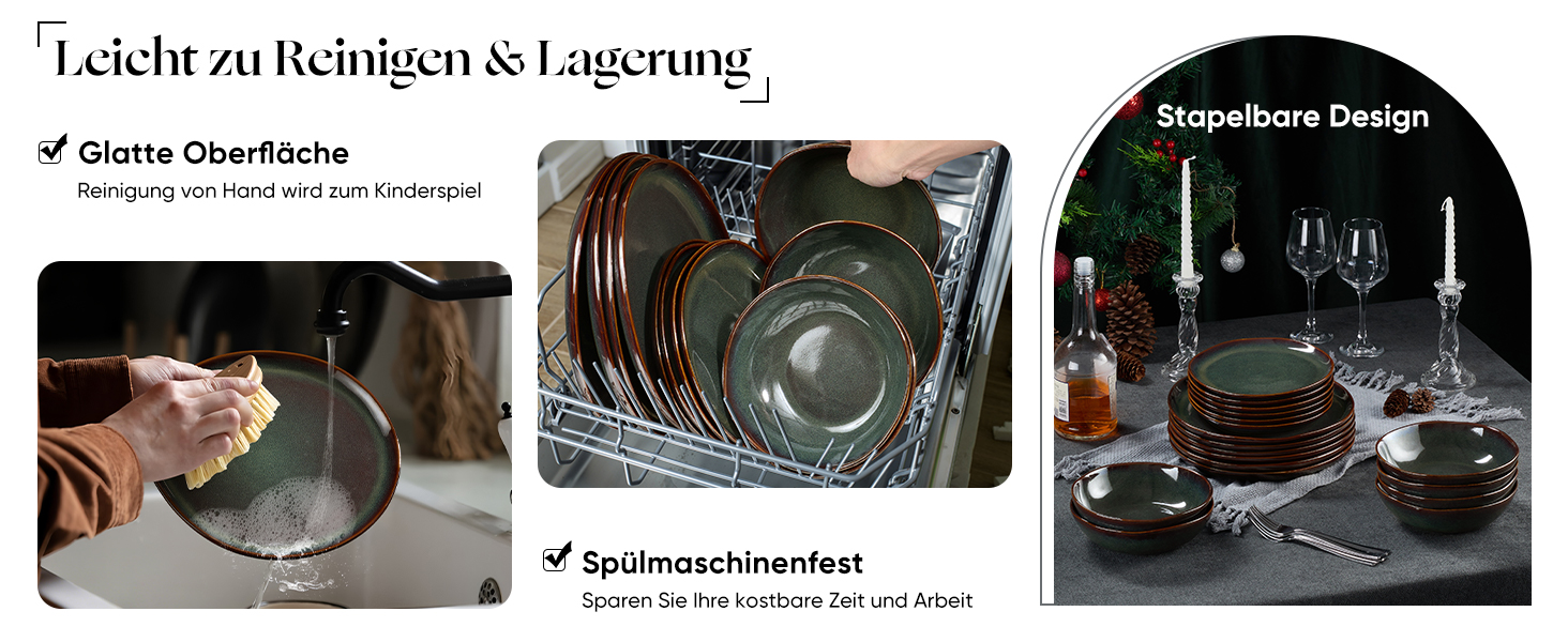 Набір посуду на 6 осіб Onader, 18 предметів: тарілки для сніданку, десерту та обіду, стегонна посуд, мікрохвильова піч, реагуючий мох зелений