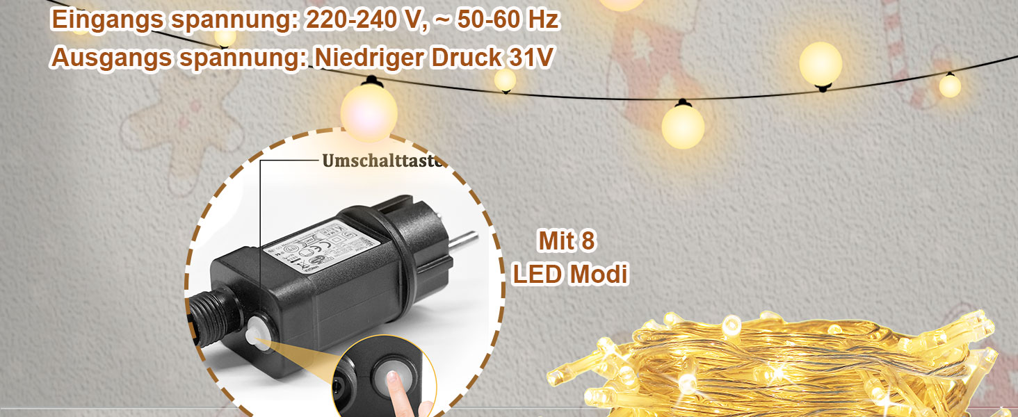 Ланцюжок вогнів 10м 400LED, штора з вогнями, тепле біле світло, 8 режимів, для дому та вулиці, EU-штекер, прикраса на Новий рік