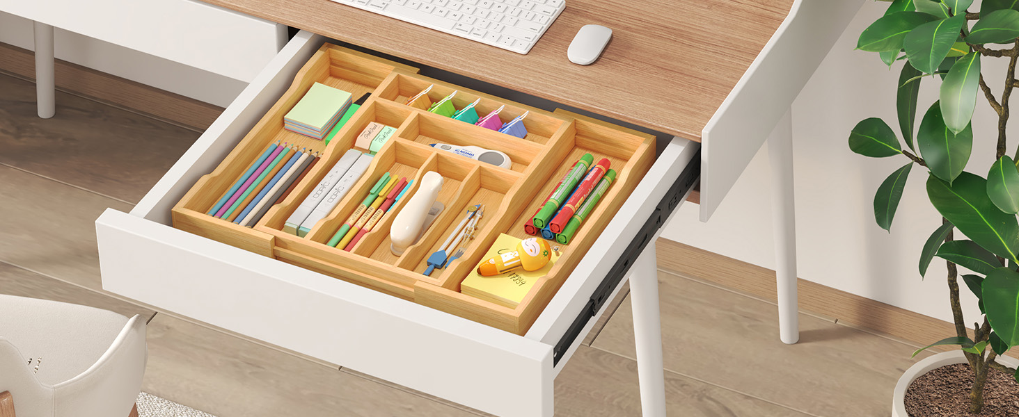 Органайзер для столових приборів Lifewit в шухляду, бамбуковий, 38 см (27-46 см) - розсувний лоток для кухні