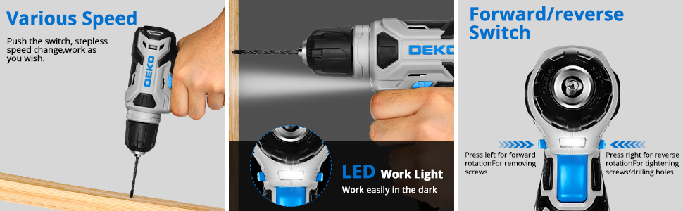 Акумуляторний шуруповерт DEKOPRO 8V 42шт: комплект з аксесуарами, ударний, LED-ліхтар, 12Nm, регульована швидкість, для ремонту будинку