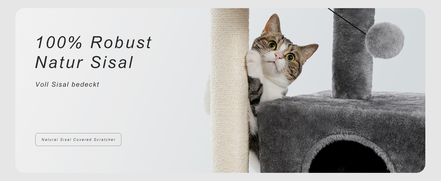 Котячий будиночок з когтеточкою PETEPELA з сизалевим мотузком, плюшевою лежаком та ігровим будинком для котів, сірий, 90 см