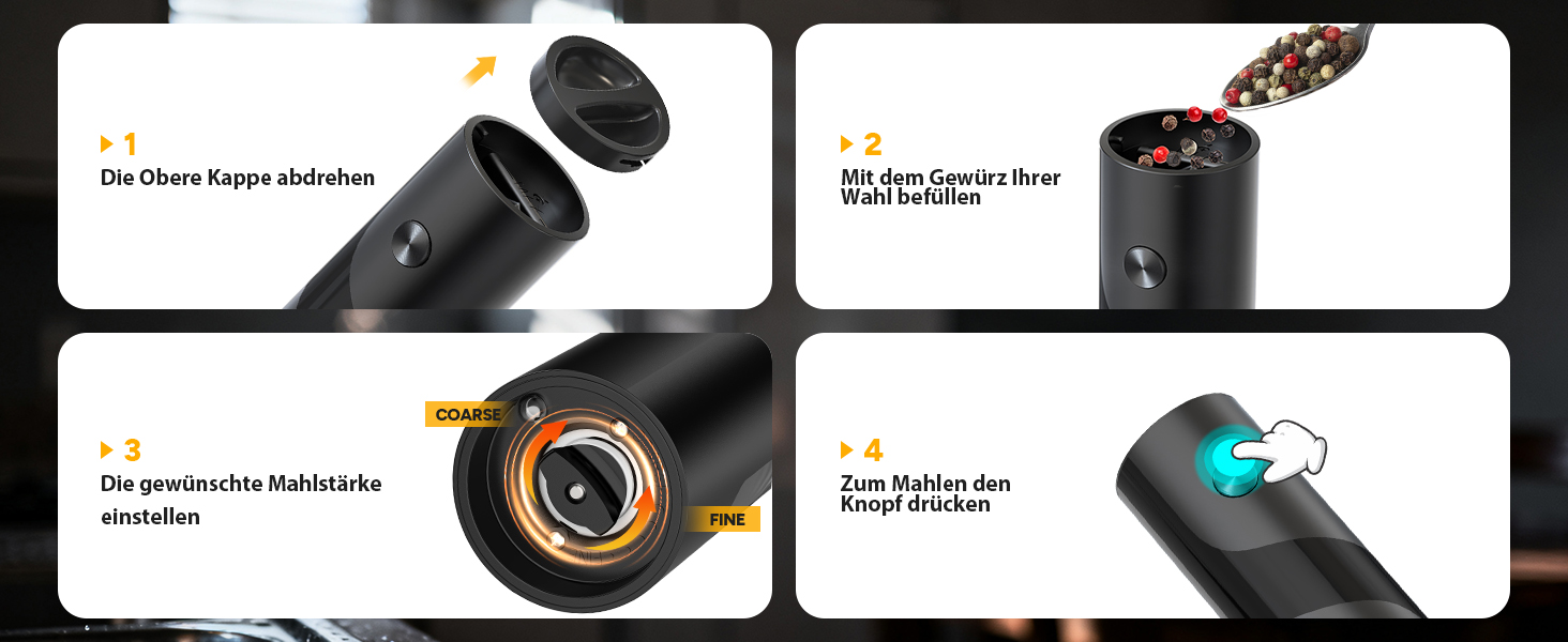 Електричні соляні та перечні млини, верхнє завантаження, 5-рівневе регулювання помелу, об'єм 120мл, набір 2 шт. з підсвічуванням LED