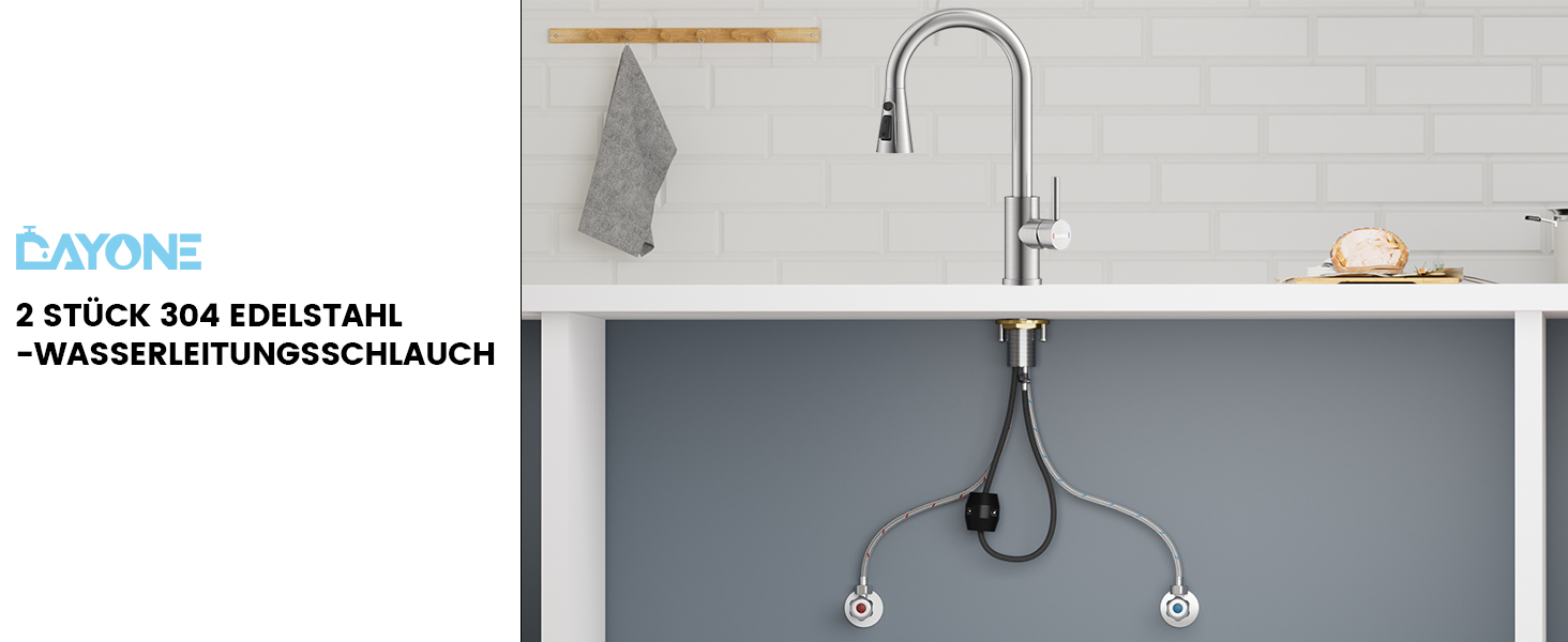 Кухонний змішувач Dayone з висувним виливом, нержавіюча сталь SUS304, високий тиск, для кухні, мікшер, 2 функції, поворотний на 360°, кухонний змішувач (з підключенням до шлангу)