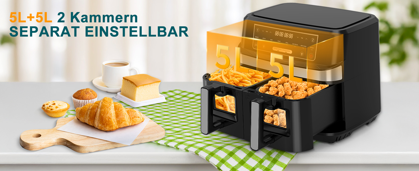Фритюрниця без олії з 2 камерами, 10л, XXL, 8-в-1, сенсорний екран, таймер, для здорового харчування