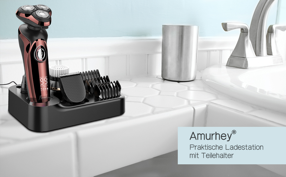 Електричний гострою для чоловіків Amurhey 5-в-1 з тримером, 3 насадки, 99 хв роботи, для сухого та вологого гоління, станція зарядки, подарунок для чоловіків